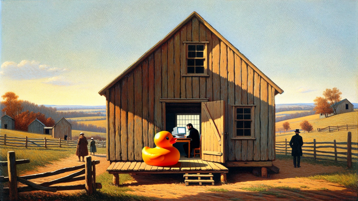 AI image of a duck on the porch of a farmhouse with a man in black lurking in the shaddows