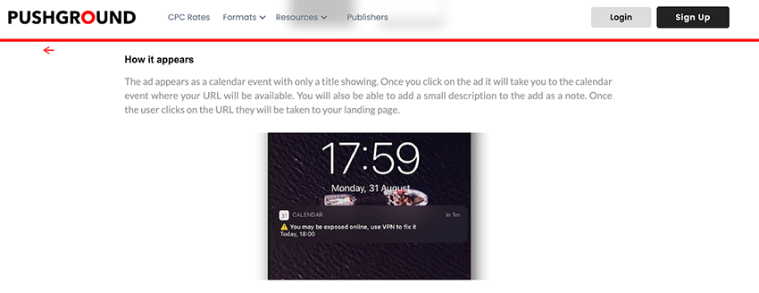 Figure 13 - Pushground selling calendar event space to promote a VPN