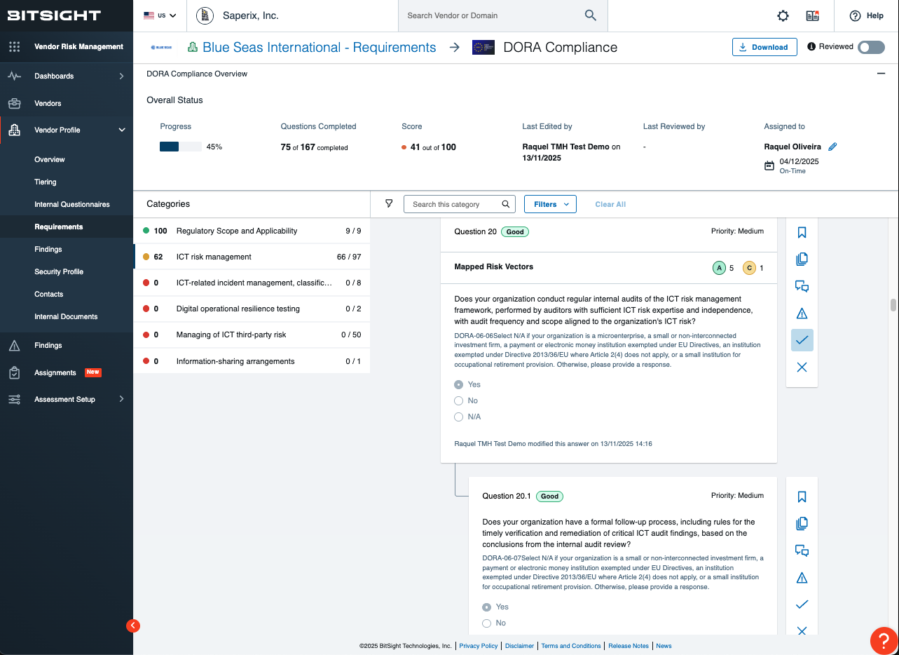 Dora Compliance Questionnaire in Bitsight Vendor Risk Management maps controls into DORA’s pillars, paired with cyber risk intelligence validated by independent studies