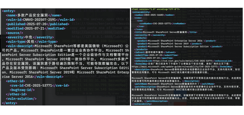 Figure 2 Example entries for CNNVD and CNVD respectively