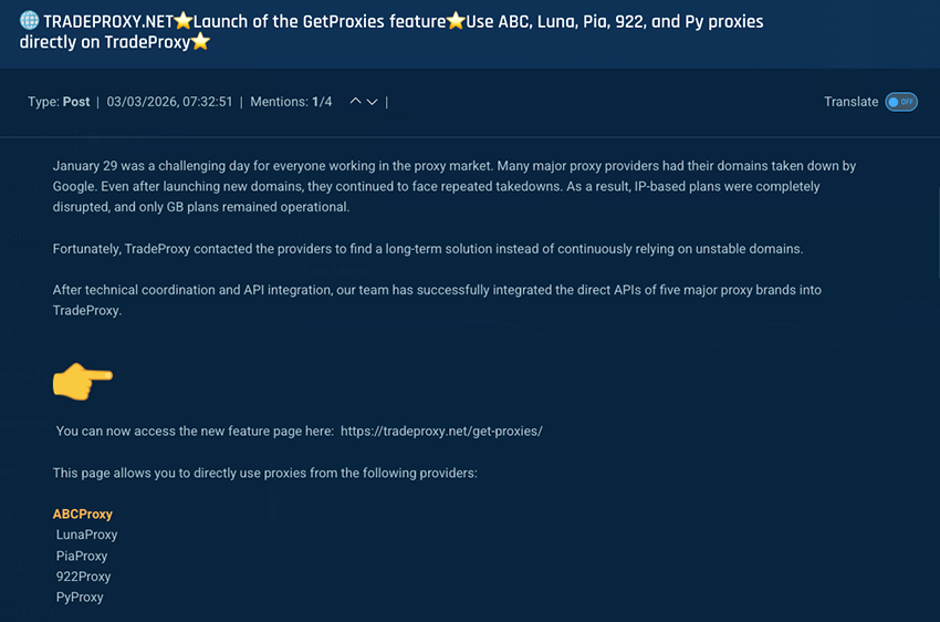 Post on a forum as seen in the Bitsight CTI platform advertising direct access to IPIDEAs proxy services