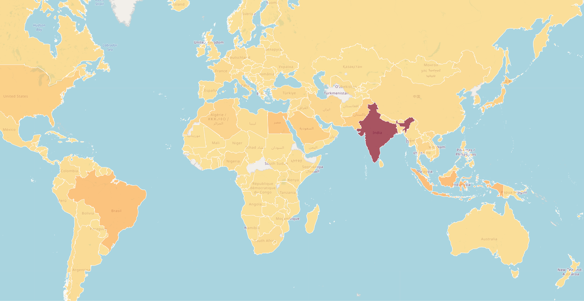 Figure 7 - Amadey world map of infections over a recent 90-day window.