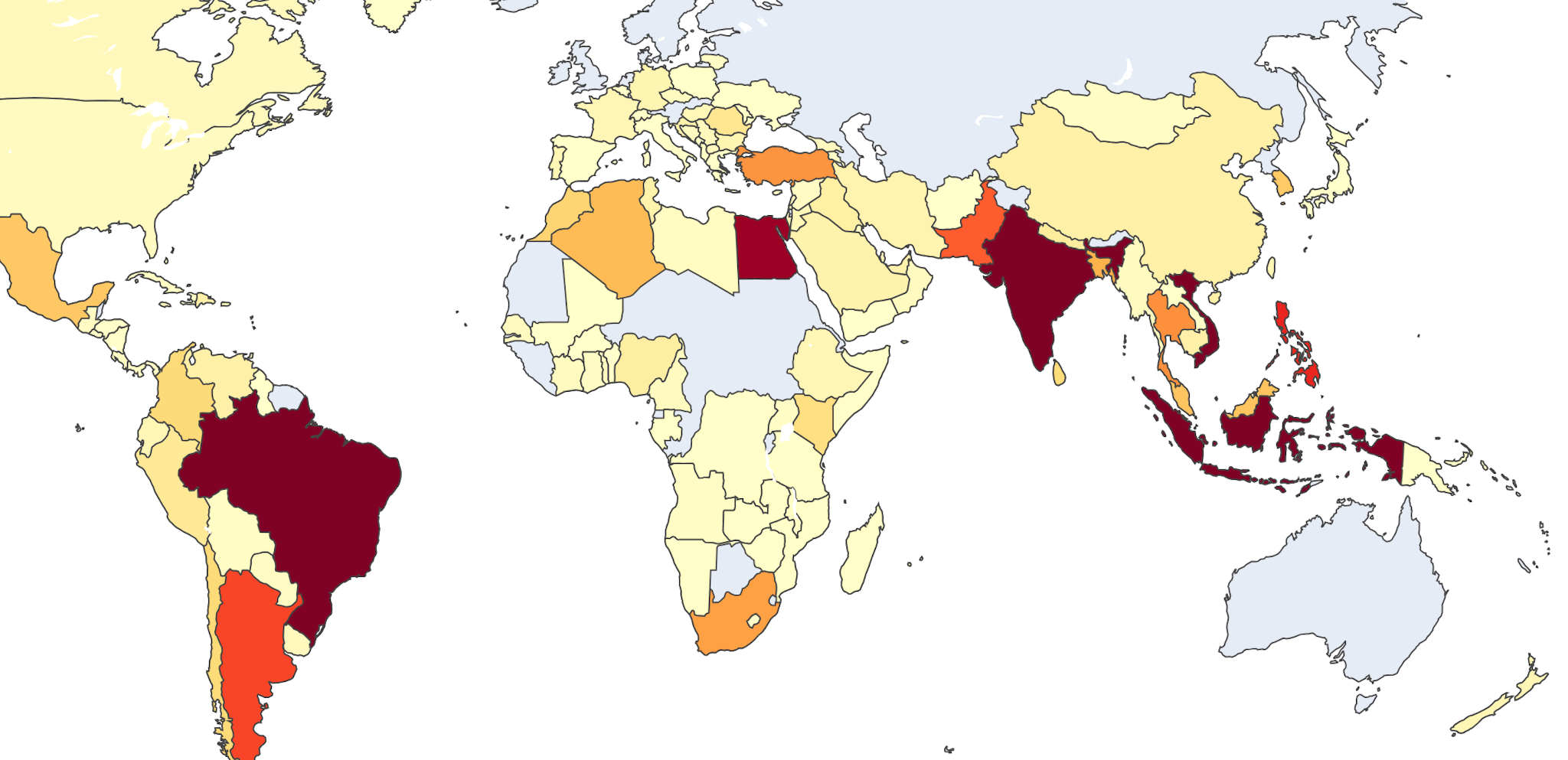 Figure 8 - World map of ~5k victims from a sample of StealC logs collected in January 2025 (source data from Bitsight CTI portal).