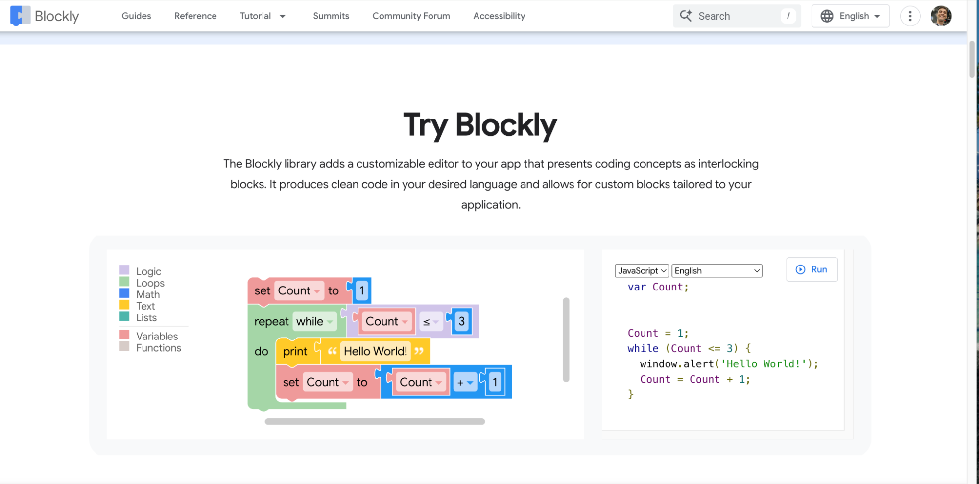 Google Blockly homepage