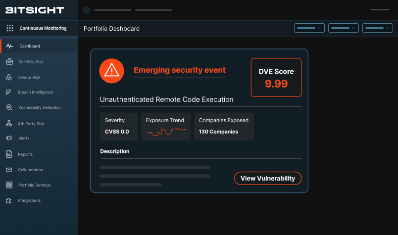 Dashboard with Emerging security event and DVE score of 9.99