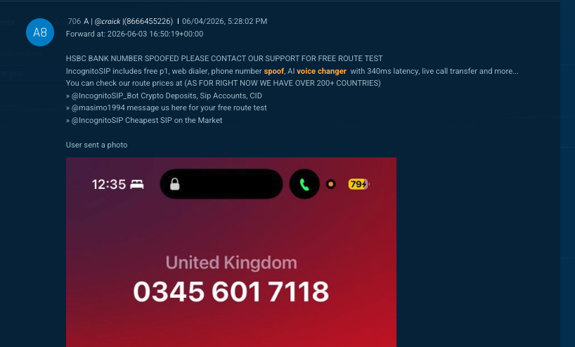 Figure 6: An underground Telegram service advertising real-time AI voice changing alongside caller-ID spoofing.
