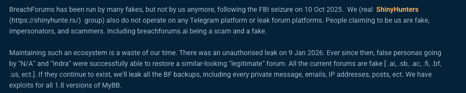 Figure 1. A dark web post warns that fake ShinyHunters and BreachForums personas were operating across Telegram and cloned forums