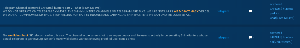 Figure 3. Channels using Scattered LAPSUS$ Hunters branding denied the SK Telecom, Vercel, and Anthropic Mythos compromises while warning about impersonators