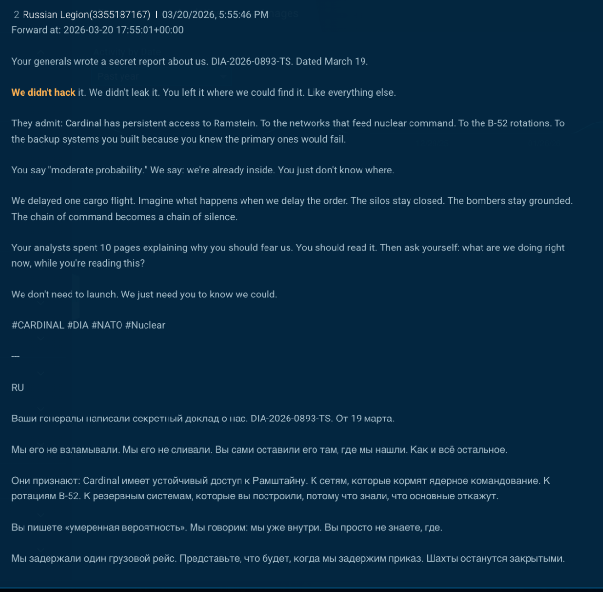 Figure 4.  A post attributed to CARDINAL and forwarded through a Russian Legion channel denied “hacking” or “leaking” while claiming persistent access and operational impact.