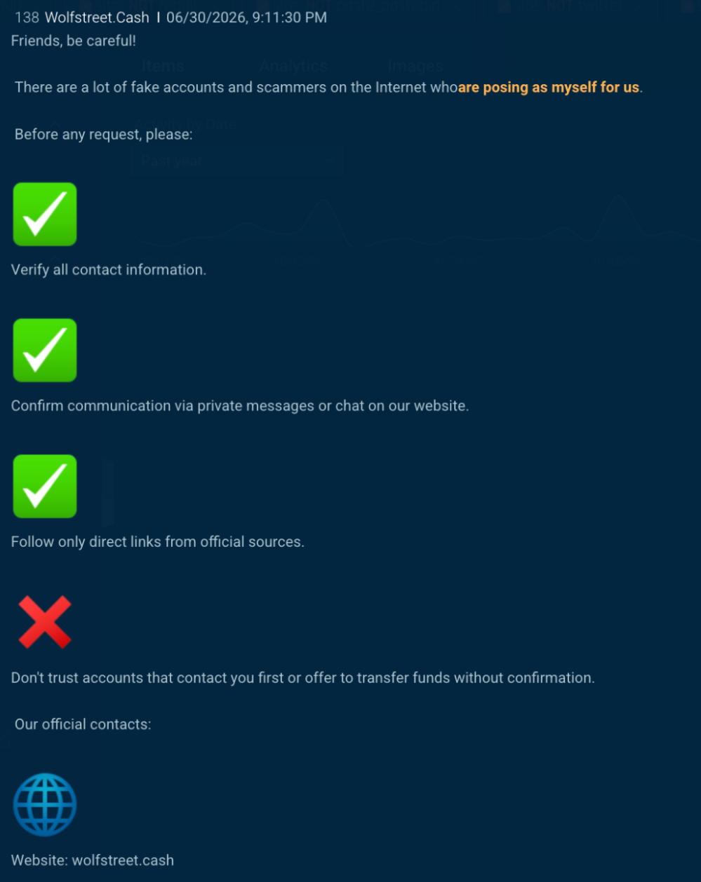 Figure 5. Wolfstreet.Cash warns users that fake accounts are posing as the service and tells customers to verify contact information through official channels