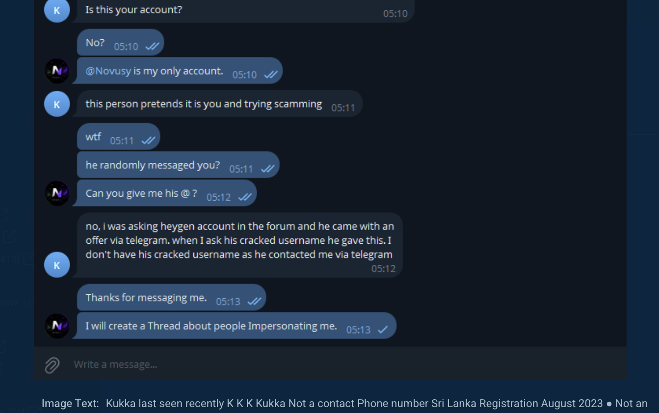 Figure 6.  Novusy warned that impersonators were using its name across Telegram and cybercrime forums, while a prospective buyer sought verification before making contact