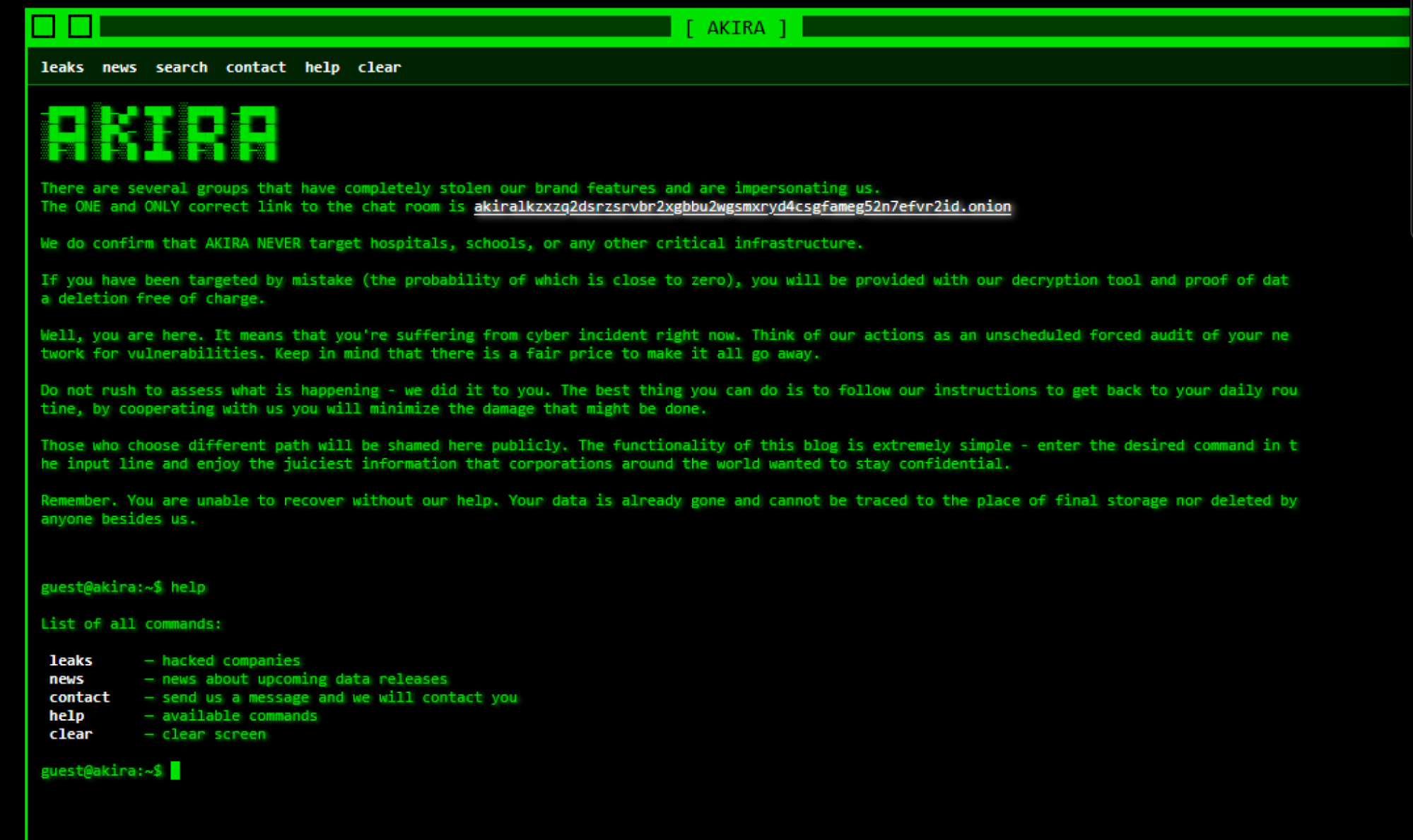 Figure 7. Akira’s data leak site warns that impersonators copied its brand and directs victims to what it claims is its only legitimate chat-room link.