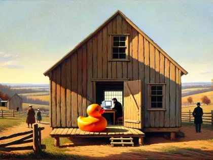 AI image of a duck on the porch of a farmhouse with a man in black lurking in the shaddows