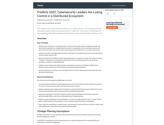 Gartner Predicts 2022: Cybersecurity Leaders Are Losing Control in a Distributed Ecosystem