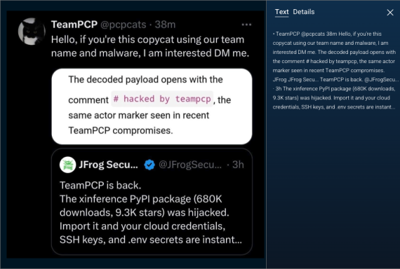 iFigure 1. Social media activity referencing TeamPCP and the hijacking of the xinference PyPI package